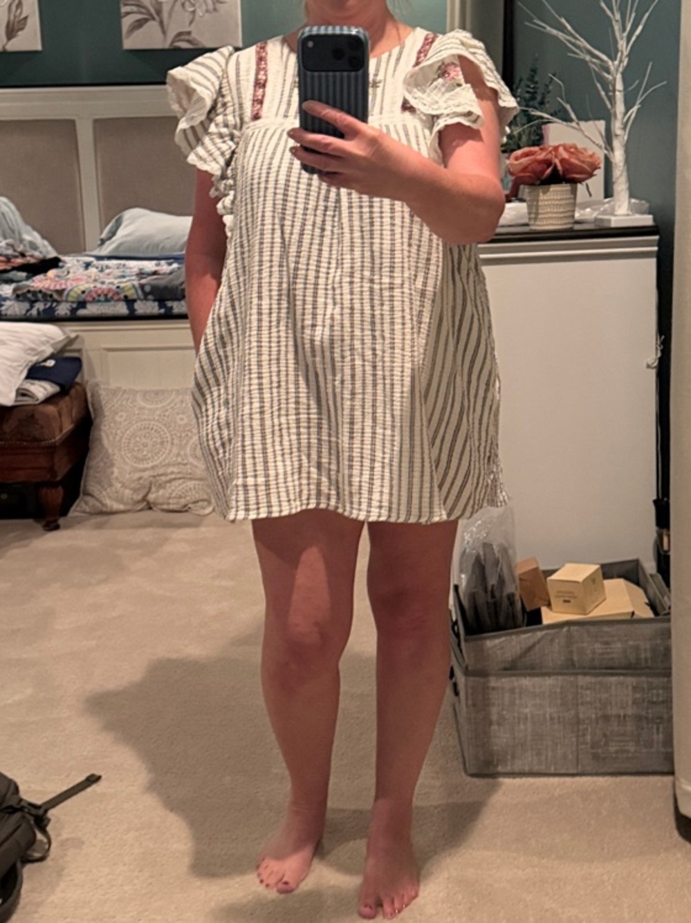 Easel Striped Ruffle Sleeve Summer Mini Dress - White/Gray/Black with Pockets!